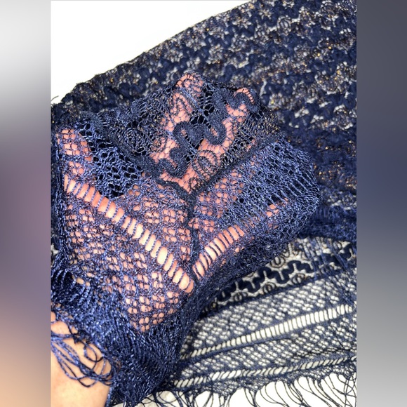 Women's Navy Blue & Gold Thread Fringed Shawl Scarf Cover - Picture 6 of 6